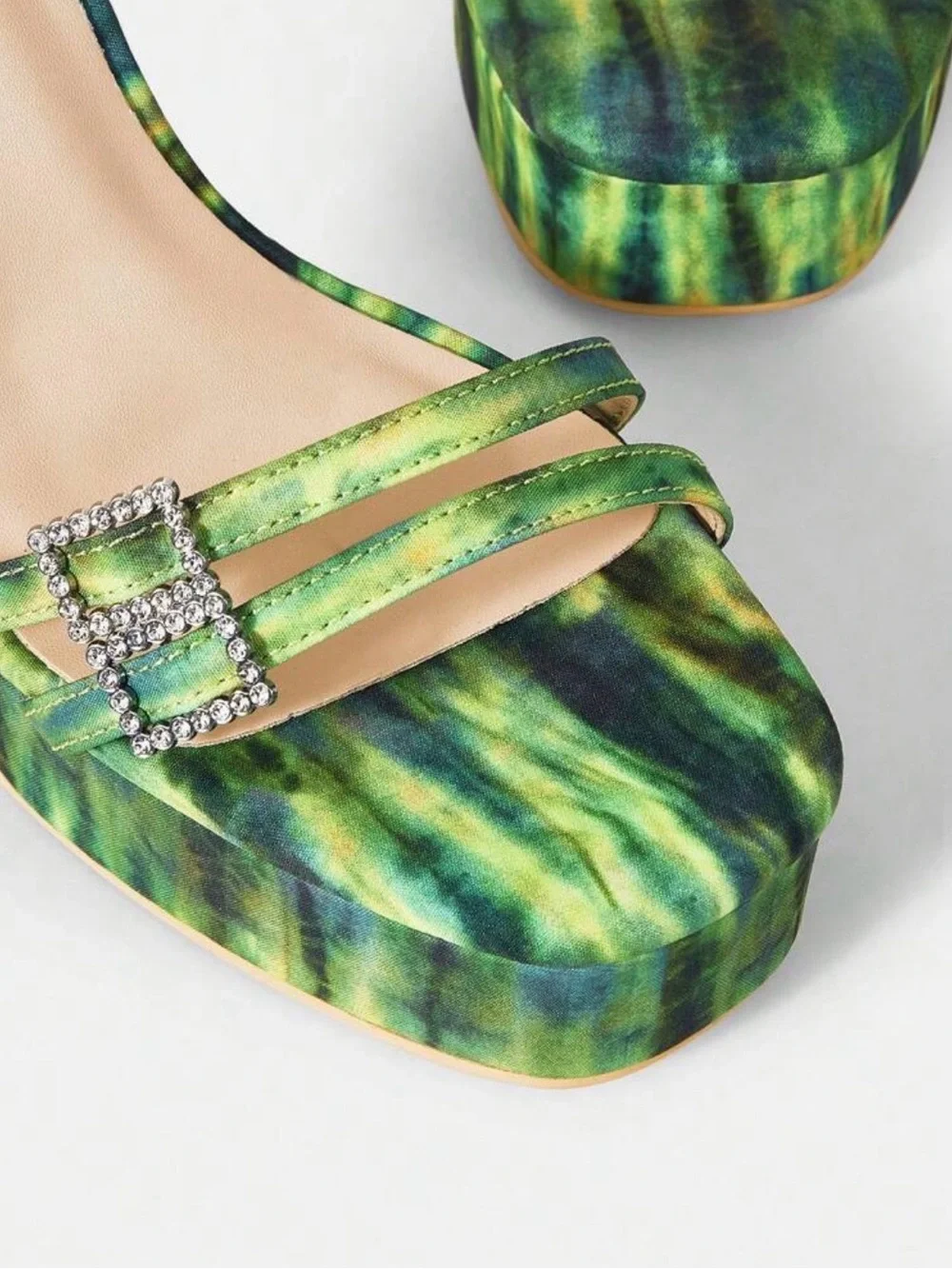 NWOT Green Tie Dye Watermelon Platform Block Heel Sandal Rhinestone Buckles
